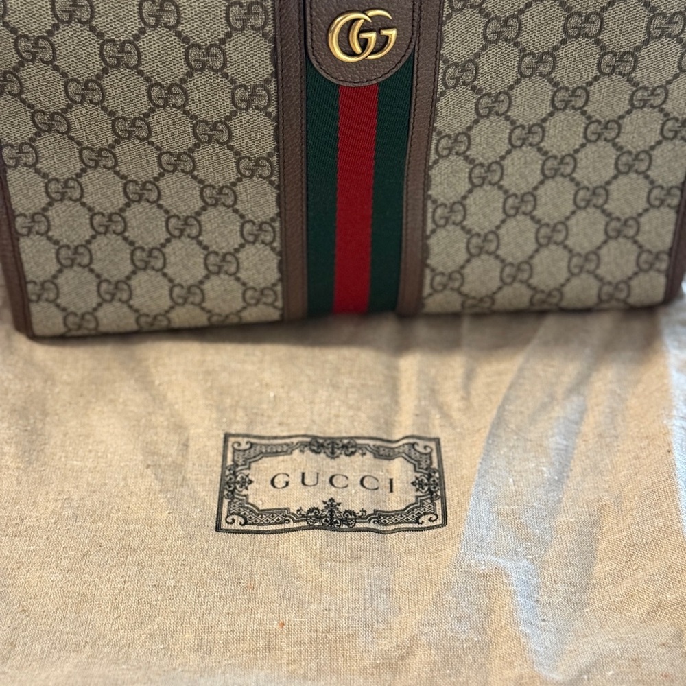 Gucci Brown and Green Duffel Bag with Iconic GG Monogram